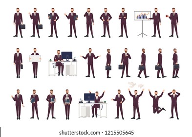 Male office worker, clerk or manager wearing business suit in various positions, moods and situations. Flat cartoon character isolated on white background. Modern colorful vector illustration.