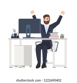 Male office worker or clerk sitting at desk and rejoicing. Happy joyful manager celebrating success at workplace isolated on white background. Colorful vector illustration in flat cartoon style.