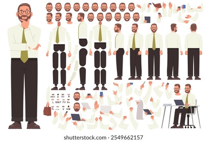 Oficinista masculino o constructor de personajes de jefe de empresa. Conjunto de diferentes posiciones de brazos, piernas, cuerpo y cabeza para crear animación y sus propias ilustraciones. Kit DIY. Ilustración vectorial 