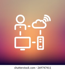 Männlicher Büroangestellter mit Computerset und WiFi-Icon dünne Linie für Web und mobile, moderne minimalistische flache Design. Vektorweißes Symbol auf Farbverlauf-Mesh-Hintergrund.