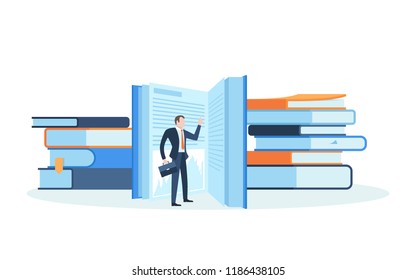 Male office worker dressed in smart suit or businessman standing behind stacks of giant books. Concept of professional development, leadership training, business education. Flat vector illustration.