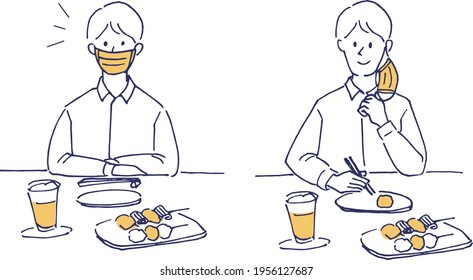 Male office worker eating while wearing a mask