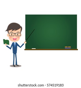 Male office worker explaining with the blackboard