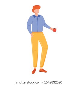 Male office worker flat vector illustration. Employee during break. Young manager with hot drink. Man in formal clothes with cup of coffee isolated faceless cartoon character on white background