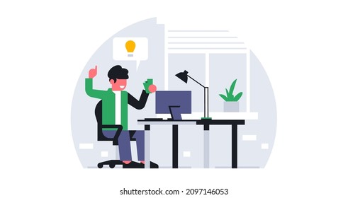 A male office worker got the idea to order food. Online ordering food to the office. Lunch break at work, time to eat. Workplace interior, work table, lamp, light. Vector illustration