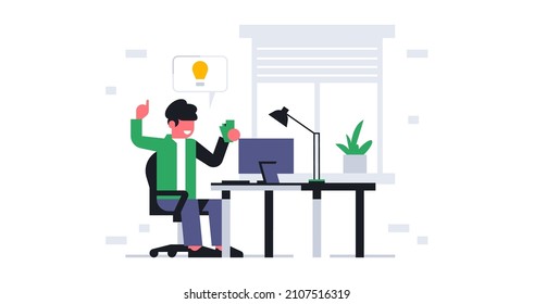 A male office worker got the idea to order food. Online ordering food to the office. Lunch break at work, time to eat. Workplace interior, work table, lamp, light. Vector illustration