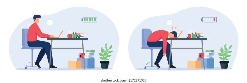 Male office worker with high and low battery. Happy and exhausted man at workplace. Vector Illustration.