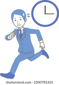 Male office worker looking at the clock and running in a hurry