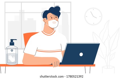 Trabajador de oficina masculino mirando su laptop, usando mascarilla facial y con un limpiador de manos en el lugar de trabajo. De vuelta al cargo después del bloqueo de cuarentena. Nuevas normas normales de prevención de la segunda ola de pandemia