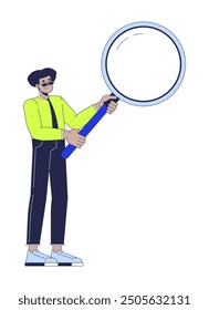 Male office worker with loupe searching 2D cartoon character. Latin american man employee magnifying glass isolated flat vector person white background. Research analysis color spot illustration