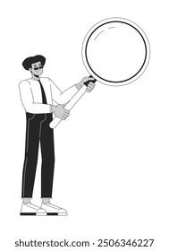 Male office worker with loupe searching black and white 2D line cartoon character. Latin american man employee magnifying glass isolated vector outline person. HR monochromatic spot illustration