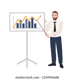 Male office worker making presentation and demonstrating chart on board. Business speaker giving lecture. Work meeting, training, learning. Colorful vector illustration in flat cartoon style.