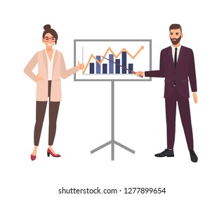 Male office worker making presentation in front of female boss. Business meeting, training, learning. Funny cartoon characters isolated on white background. Vector illustration in modern flat style.