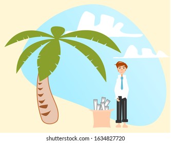 A male office worker on vacation with coconut tree