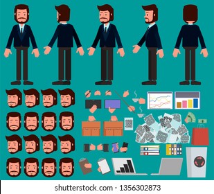 Male office worker, a set of parts for animation. (separate parts of the body) Vector illustration, flat style of drawing.