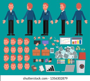 Male office worker, a set of parts for animation. (separate parts of the body) Vector illustration, flat style of drawing.