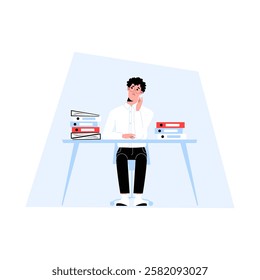 Male office worker sitting at a desk with stacks of files in flat vector illustration of work stress, paperwork overload, deadline pressure, and office tasks, isolated on white background