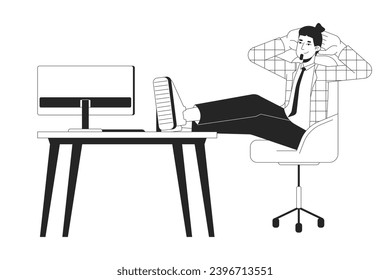 Male office worker sitting with legs on table black and white 2D line cartoon character. Chilling caucasian man employee isolated vector outline person. Work break monochromatic flat spot illustration