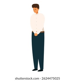 Male office worker is standing with his hands clasped, looking sad and contemplative