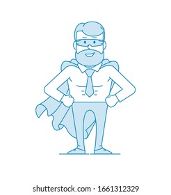 Male office worker in a superhero costume. Concept of a leader or company leader. Character - a man with a beard and glasses. Illustration in line art style. Vector