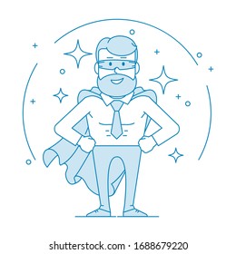 Male office worker in a superhero costume. Concept of a leader or company leader. Character - a man with a beard and glasses. Illustration in line art style. Vector