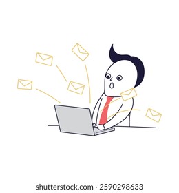 A male office worker is surprised to see so many inquiry emails when he opens his computer