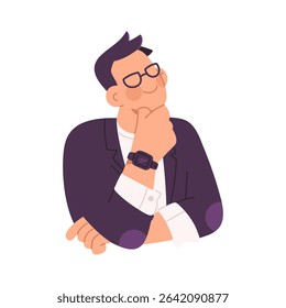 A male office worker wearing glasses is thinking and seeking for idea with hand on his chin. Business character flat vector design illustration isolated on white background