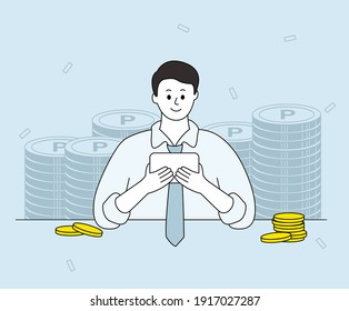 A male office worker who is happy to have many points by using his bank account steadily illustration set. duty, fortune, increase, passbook. Vector drawing. Hand drawn style.