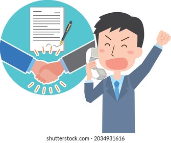 A male office worker who is pleased to receive a contract contact by phone