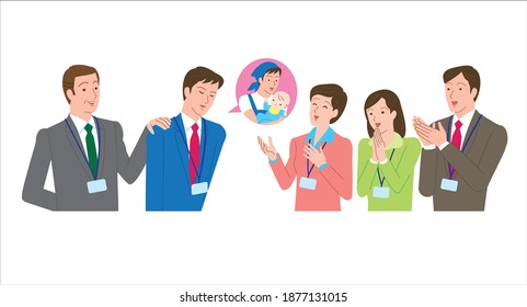 A male office worker who is supported by his boss and colleagues on paternity leave 