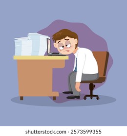 Male Office Worker Working Hard At Workplace. Busy Tired Office Worker Concept. Flat, Vector, Illustration, Cartoon, EPS10.   