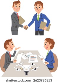 Male office workers shaking hands and having meetings at work