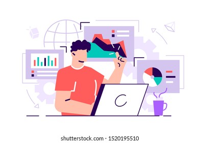 Male office workers are studying the infographic, the analysis of the evolutionary scale. Flat style vector illustration of business for web page, social media, documents, cards, posters.Man at laptop