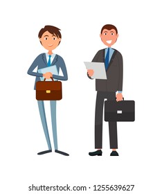 Male office workers in suits vector cartoon characters. Business people leaders with briefcases and paper sheets, successful managers isolated managers