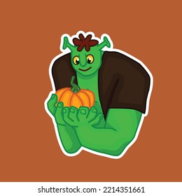 the male ogre holds the pumpkin, halloween orc, fantasy monster with the pumpkin, holiday sticker with white offset path