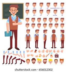 Male Old Teacher Character Creation Set. Front, Side, Back View Character.Cartoon Flat  Illustration Isolated On White.