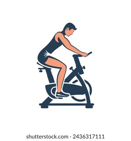 Male on an exercise bike. A beautiful athletic man is doing fitness. To pedal. Healthy lifestyle. Fitness and aerobics. Sports training. Active lifestyle. Vector illustration flat design.