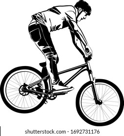 male on MTB bike - black and white vector illustration