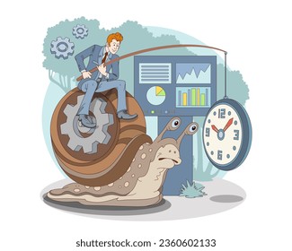 Male on snail slowly doing work. Work faster, timeline concept. Time organization and management concept. Flat vector illustration in blue colors in cartoon style