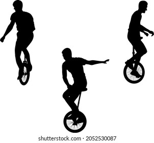 male on unicycle silhouettes - vector illustration