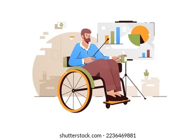 Male on wheelchair presenting infographics with chart and diagram vector illustration. Disabled man reading lecture or taking part in conference