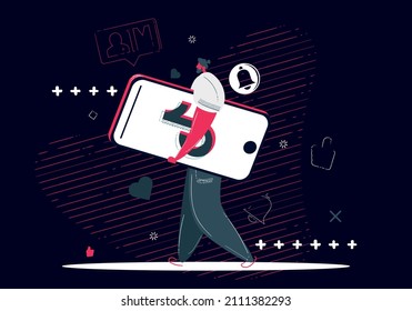 Male online content creator illustration. Social media influencer concept, tiktok user. Man holding his smartphone vector isolated illustration. Dark Background.