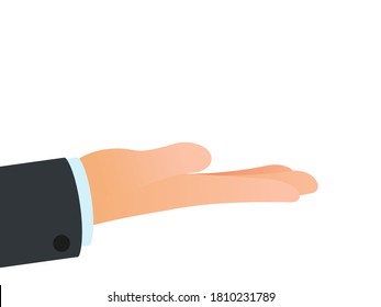 Male open hand, isolated on white background, close up. Begging hand, helping arm. Vector illustration, flat design cartoon style.