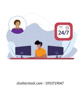  The male operator accepts orders on the Internet. Internet service of global technical support. 
