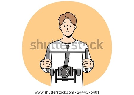 Male operator with professional camera with stabilizer in hands. Man videographer holding dslr camera filming with stabilization. Vector illustration.