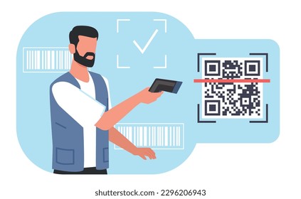 El operador masculino explora el código qr en la caja con el escáner. Trabajador de almacén o almacén, tecnología en línea, base de datos de productos, signo de etiqueta de ID. Concepto vectorial de estilo plano de la caricatura de identificación electrónica