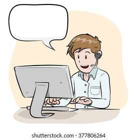 Male Operator With Text, a hand drawn vector illustration of a male operator handling customers via phone call, isolated on a simple background (editable).