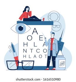 Male ophthalmologist checking woman eyesight. Female patient in glasses sitting on eye chart flat vector illustration. Vison test, ophthalmology concept for banner, website design or landing web page