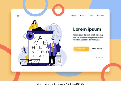 Male ophthalmologist checking woman eyesight. Female patient in glasses sitting on eye chart flat vector illustration. Vison test, ophthalmology concept for banner, website design or landing web page