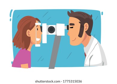 Male Ophthalmologist Doctor Examining Patient Eyesight with Professional Equipment, Ophthalmology Diagnostics, Vision Correction Cartoon Vector Illustration